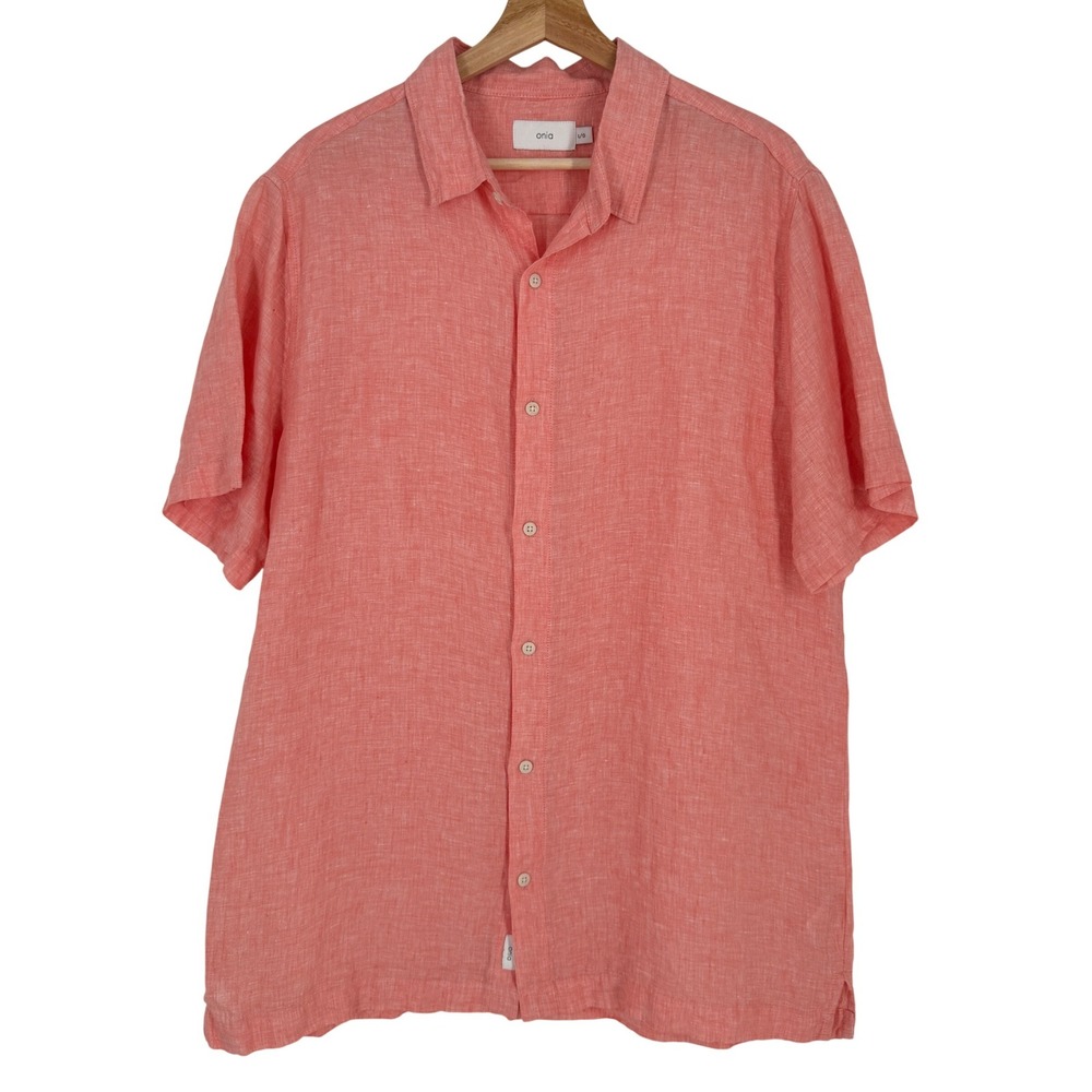 Onia‎ Mens 100% Linen Short Sleeve Button Down Shirt Coral Pink Size Large